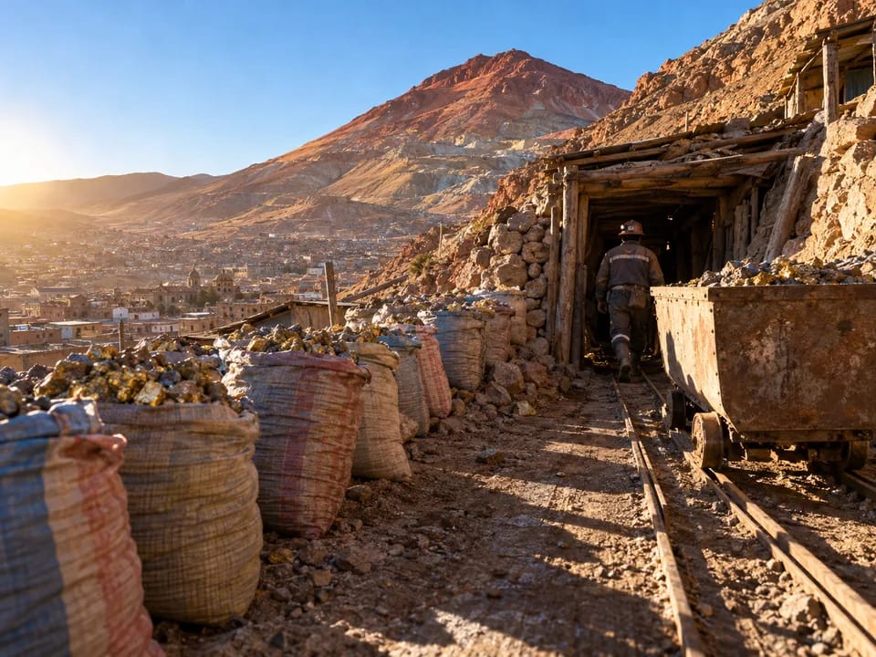 Sacks of ore stacked at the entrance of a cooperative mine on Potosí's Cerro Rico, minerals with verified origin with blockchain in Bolivia