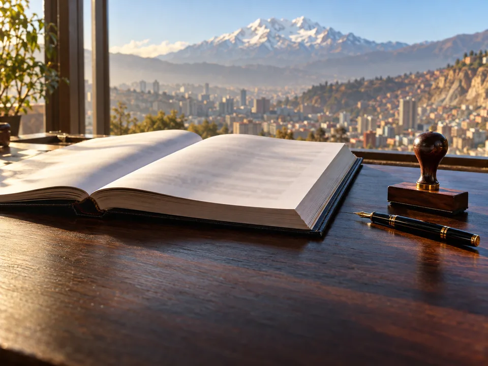 Bond issue prospectus and a stamp on a desk in La Paz with Illimani blurred in the background, book-entry securities with blockchain in Bolivia