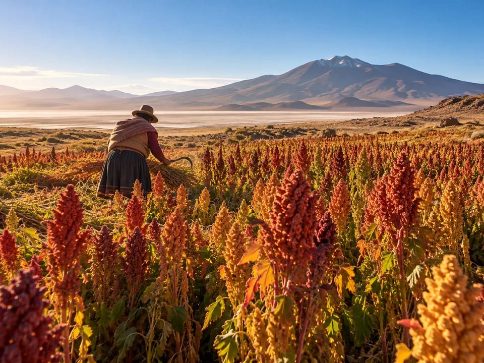Farmer seen from behind among red and orange quinoa heads on the southern highlands, Quinua Real origin with blockchain in Bolivia