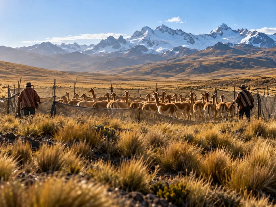 Vicuñas inside a communal shearing enclosure on the highlands with herders seen from behind, vicuña fibre with blockchain in Bolivia