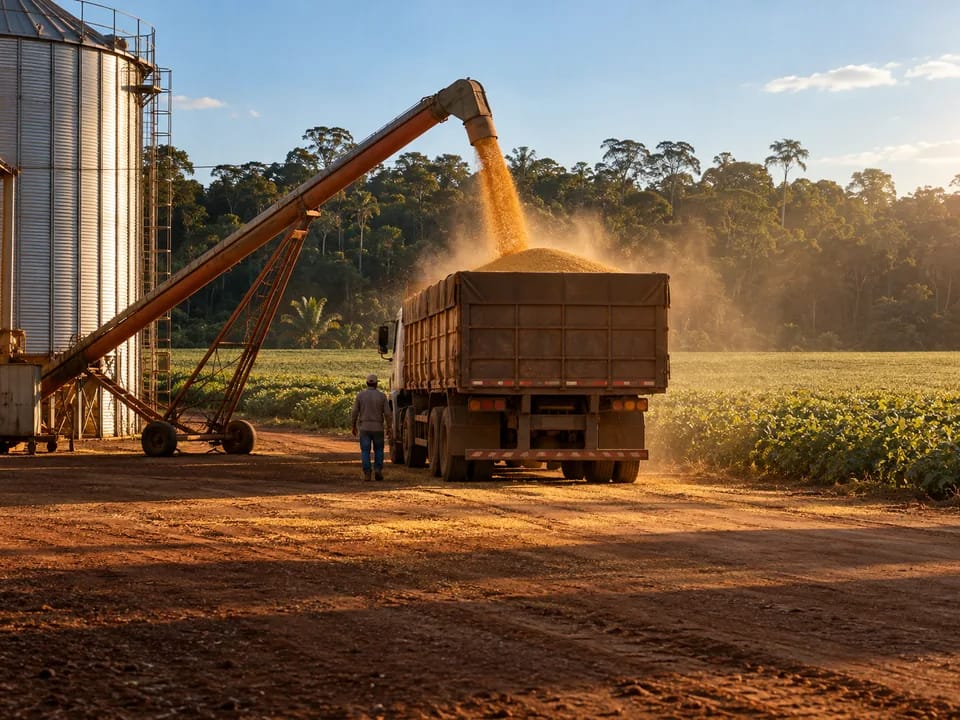 Camión cargando soja junto a un silo con el borde de una reserva de bosque nativo al fondo, origen de la soja con blockchain en Brasil