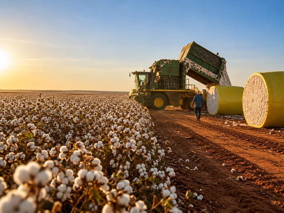 Cosechadora descargando algodón junto a grandes módulos envueltos en una hacienda de Mato Grosso, cédulas de producto rural con blockchain en Brasil