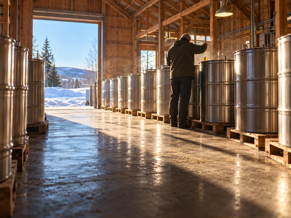 Inspector seen from behind drawing an amber sample from a steel barrel in a Quebec maple syrup warehouse, maple syrup with blockchain in Canada