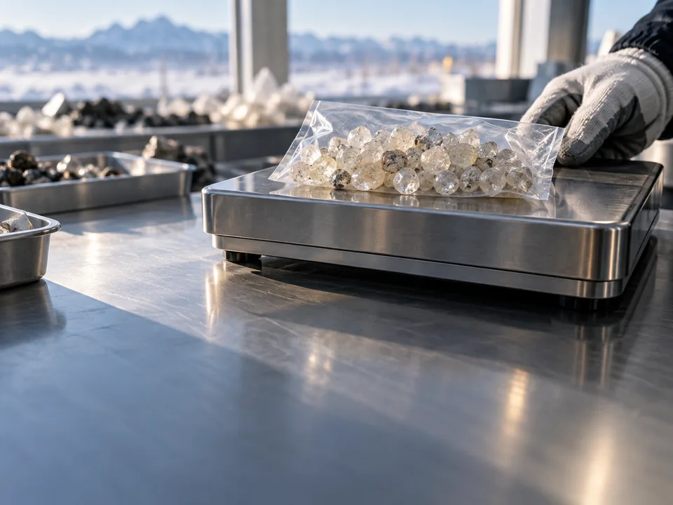 Rough diamonds in a clear parcel on a precision scale, certified diamonds with blockchain in Canada
