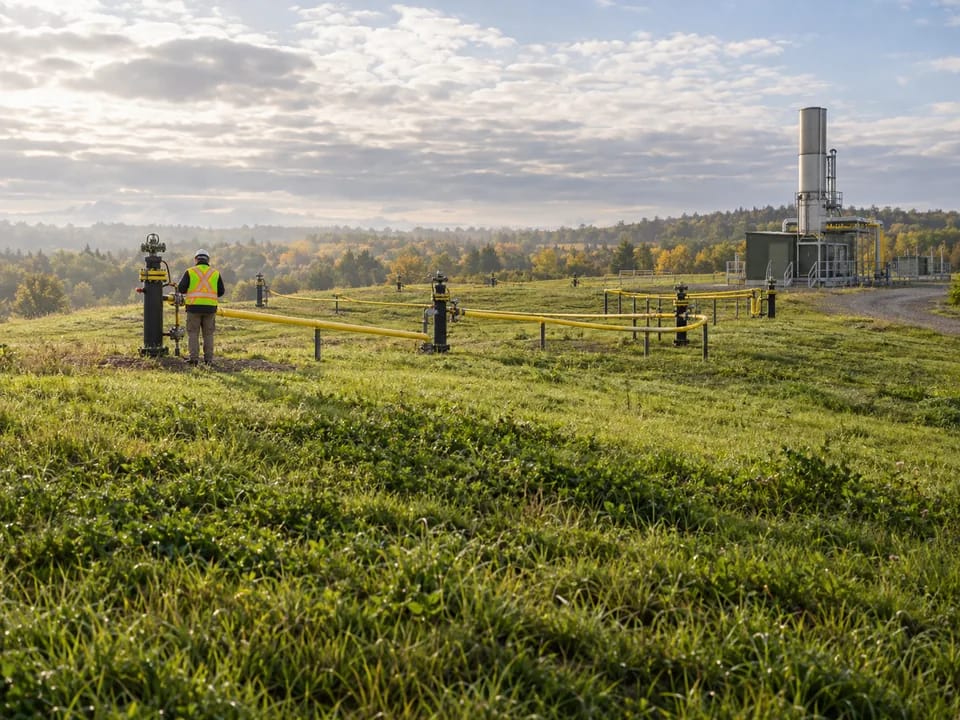 Gas collection wellheads with yellow pipes on a capped Ontario landfill, carbon credits with blockchain in Canada