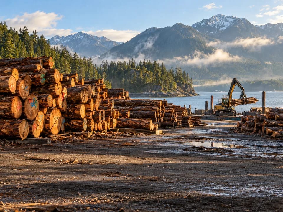 Stacked Douglas fir logs with marked ends in a log yard on the British Columbia coast, timber origin with blockchain in Canada