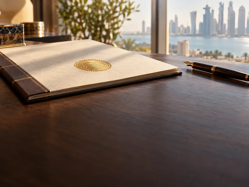 Documento de emisión encuadernado con un sello en relieve sobre un escritorio de madera en Doha, valores tokenizados con blockchain en Catar