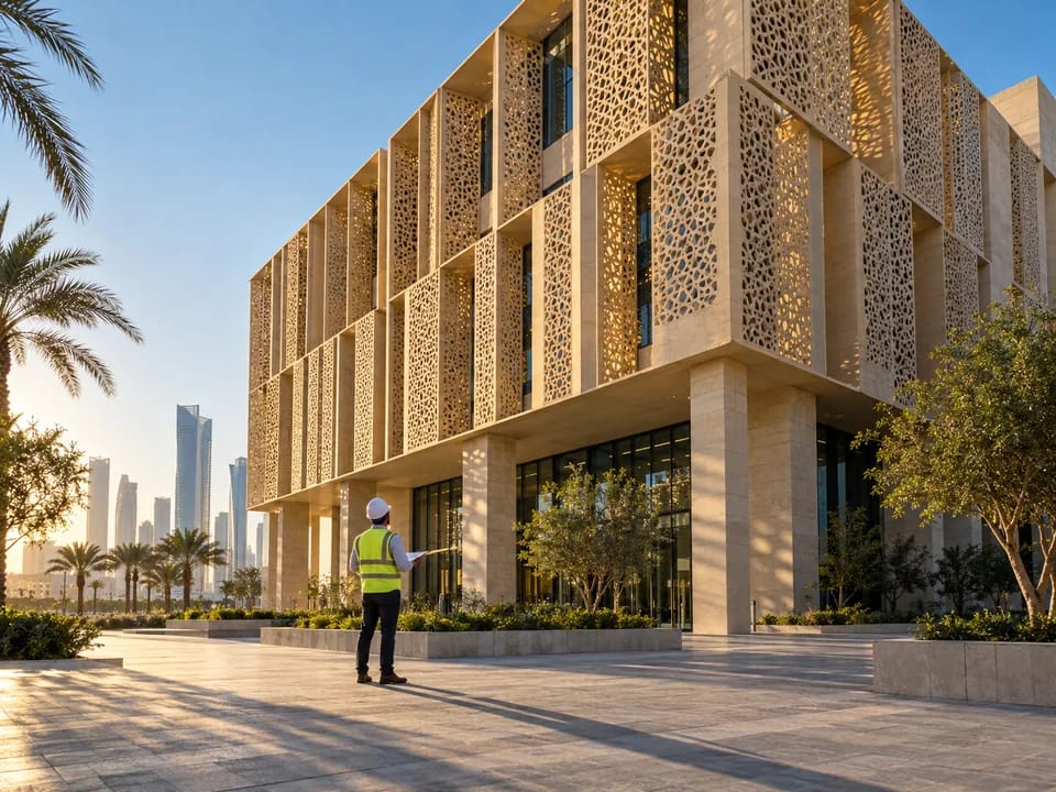 Ingeniero de espaldas revisando la fachada con celosía de un edificio de oficinas recién terminado en Lusail, certificación GSAS con blockchain en Catar