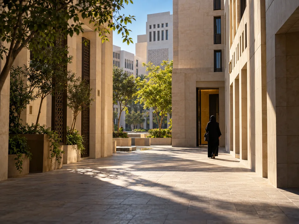 Edificios de piedra clara con soportales en sombra en el barrio de Msheireb, en Doha, derechos inmobiliarios tokenizados con blockchain en Catar