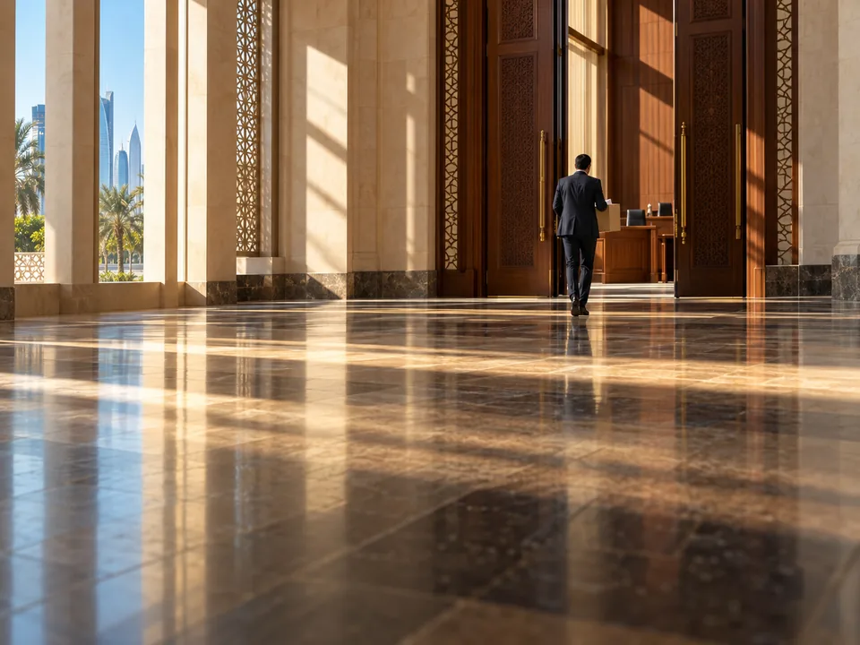 Lawyer seen from behind carrying a document box in the stone entrance hall of a courthouse in Doha, recovering lost tokens with blockchain in Qatar