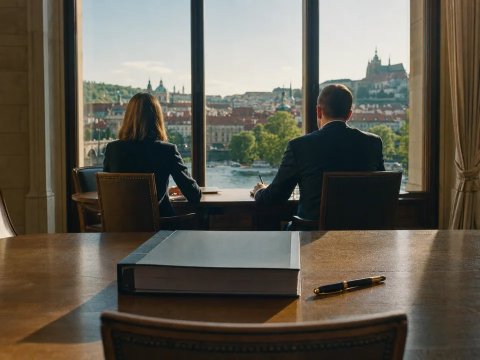 Signing of a bond issue in a Prague meeting room overlooking the Vltava, bonds with DLT settlement with blockchain in Czechia