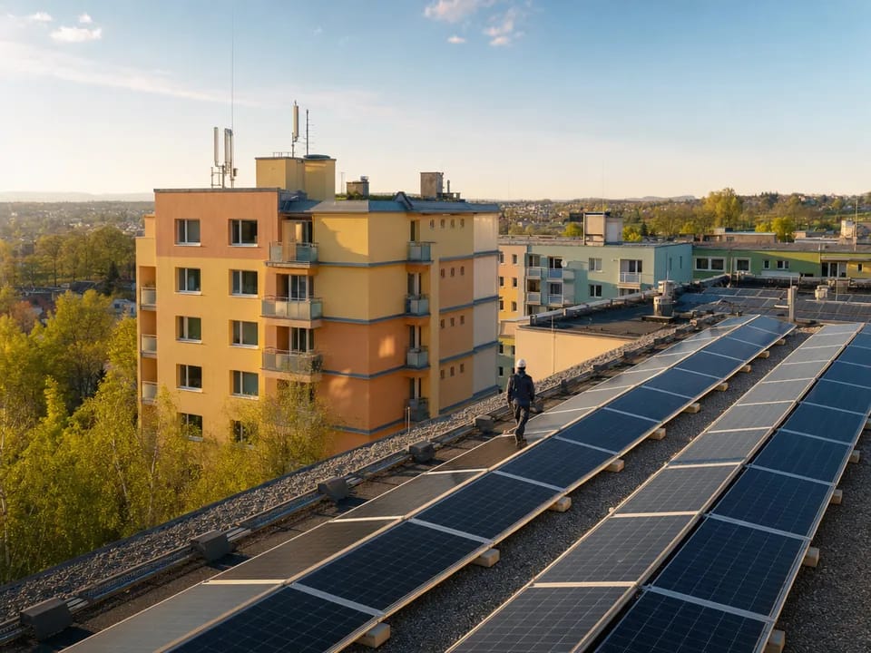 Solar panels on the roof of a refurbished apartment block in a Czech town, energy community with blockchain in Czechia