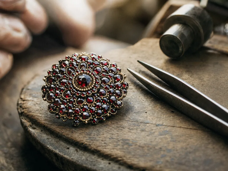 Traditional brooch set with dozens of small red garnets on a Turnov jeweller's bench, Czech garnet jewellery with blockchain in Czechia