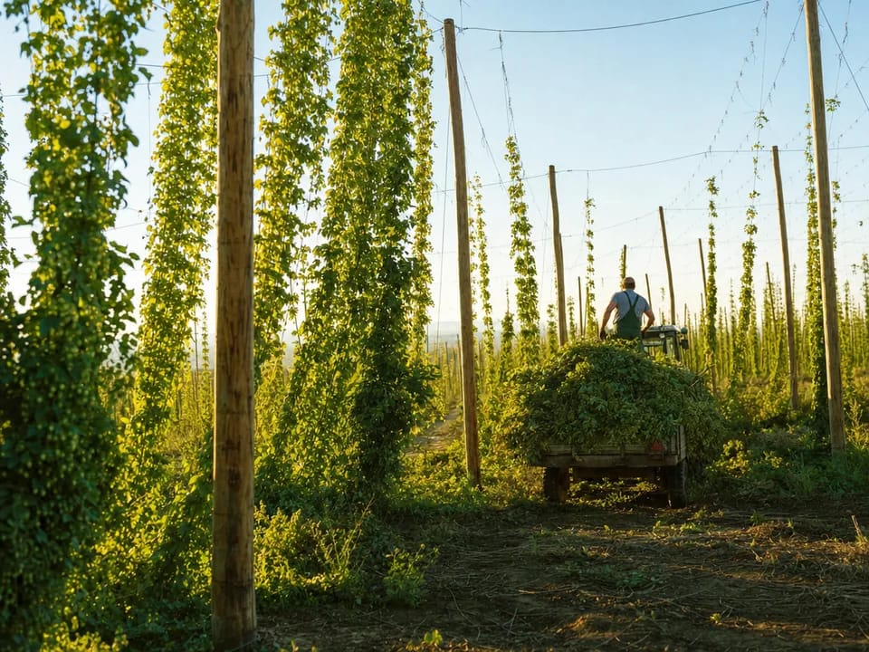 Tall trellises heavy with hop cones in a Žatec hop garden at harvest time, hop certification with blockchain in Czechia