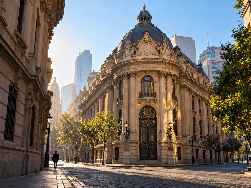 Fachada histórica de piedra del edificio de la Bolsa en el centro de Santiago, valores digitales custodiados en el DCV con blockchain en Chile