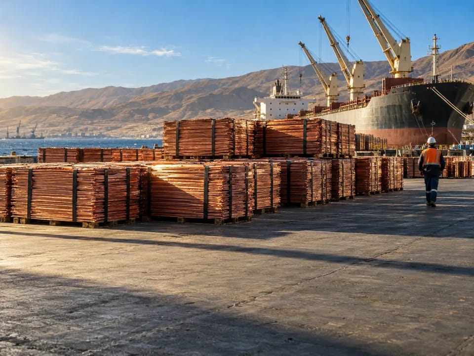 Paquetes de cátodos de cobre flejados en la explanada de un puerto del norte de Chile junto a un buque de carga, cobre de exportación con blockchain en Chile