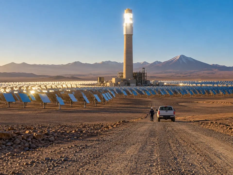 Torre solar de concentración rodeada de heliostatos en el desierto de Atacama, atributos renovables con blockchain en Chile