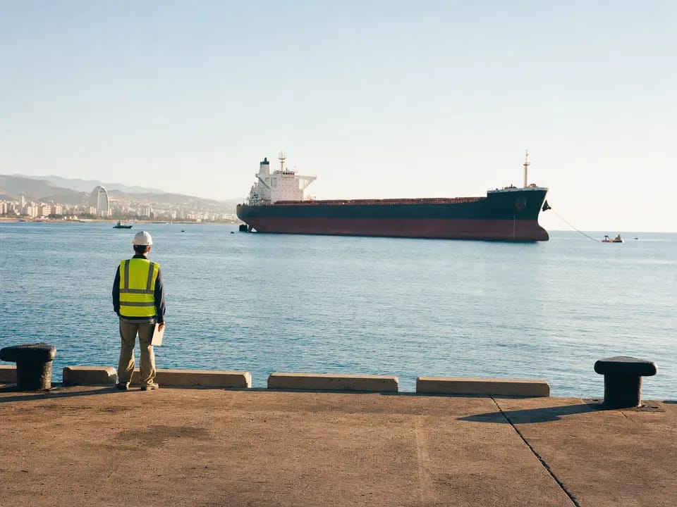 Bulk carrier at anchor off Limassol port and an inspector seen from behind holding a folder on the quay, ship certificates with blockchain in Cyprus