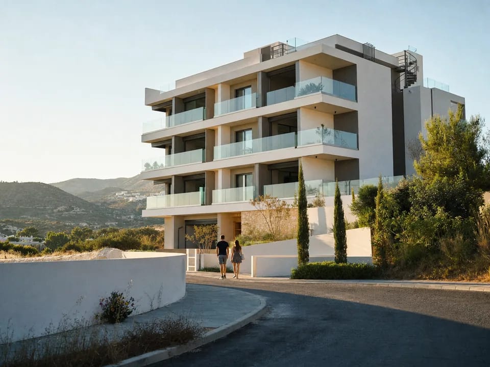 Newly completed apartment block with white balconies on the outskirts of Limassol, property sale contracts with blockchain in Cyprus