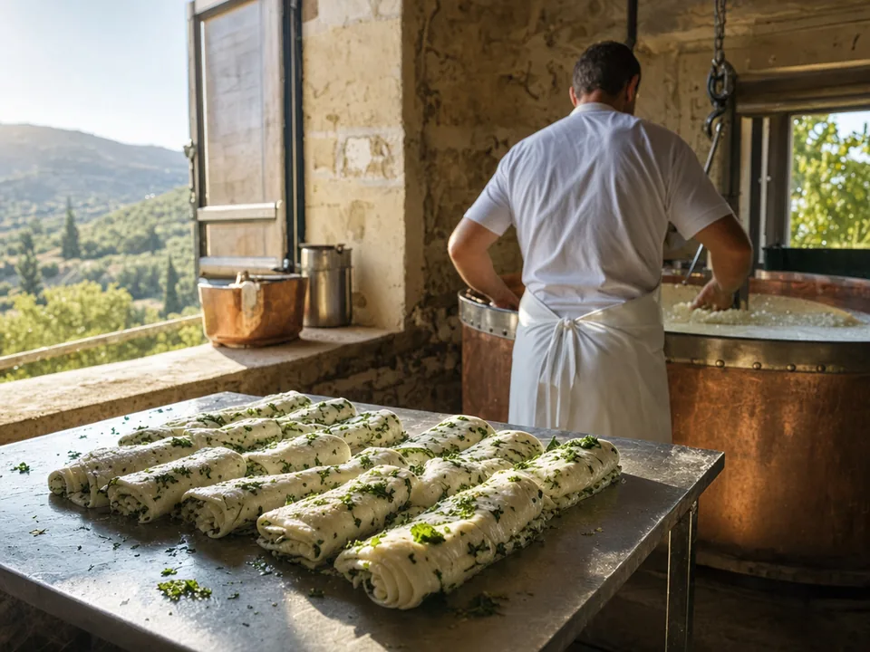 Freshly folded pieces of halloumi with mint leaves on a steel table in a Cypriot dairy, halloumi PDO traceability with blockchain in Cyprus