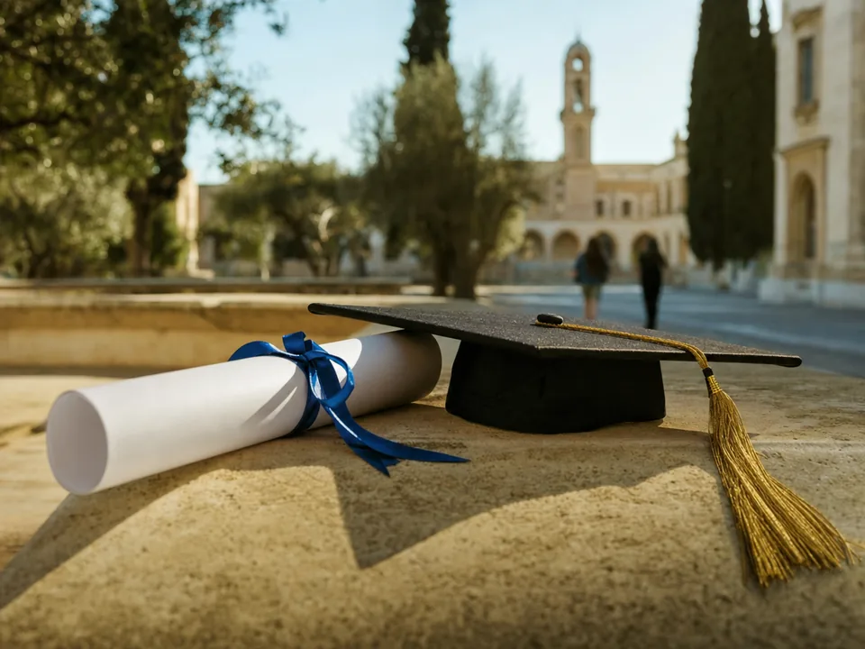 Rolled university diploma tied with a ribbon next to a mortarboard on a stone bench on a Nicosia campus, university degrees with blockchain in Cyprus
