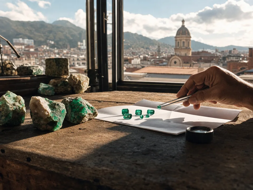 Rough and cut emeralds on white paper beside tweezers in a Bogotá workshop, emerald provenance with blockchain in Colombia