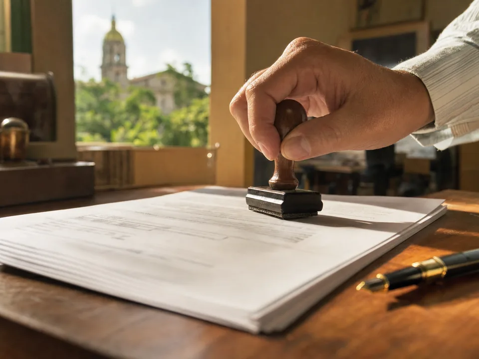 Printed invoices on the desk of a Colombian small business as a hand presses an endorsement stamp, invoices as negotiable instruments with blockchain in Colombia