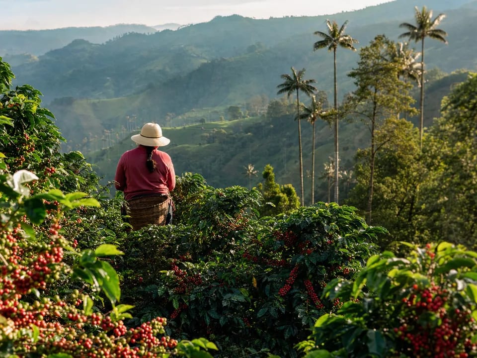 Picker seen from behind among coffee plants with red cherries on a mountain farm in the Coffee Region, coffee origin with blockchain in Colombia