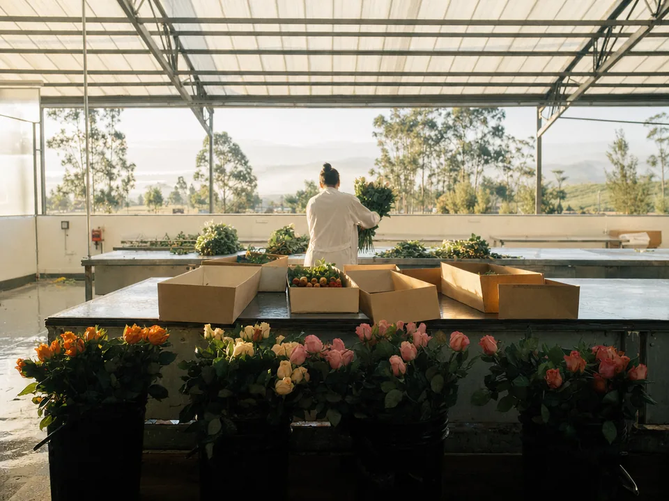 Fresh roses in buckets and cardboard boxes in the packing room of a farm on the Bogotá savanna, flower cold chain with blockchain in Colombia