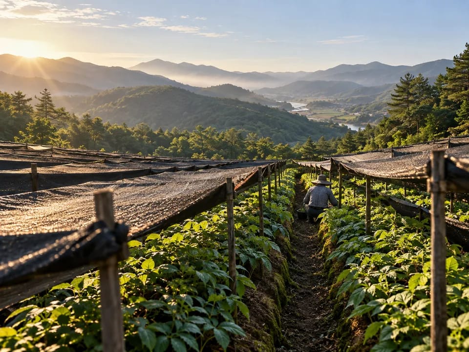 Hileras de cultivo de ginseng bajo toldos negros de sombra con un agricultor de espaldas, inspección del ginseng rojo con blockchain en Corea del Sur