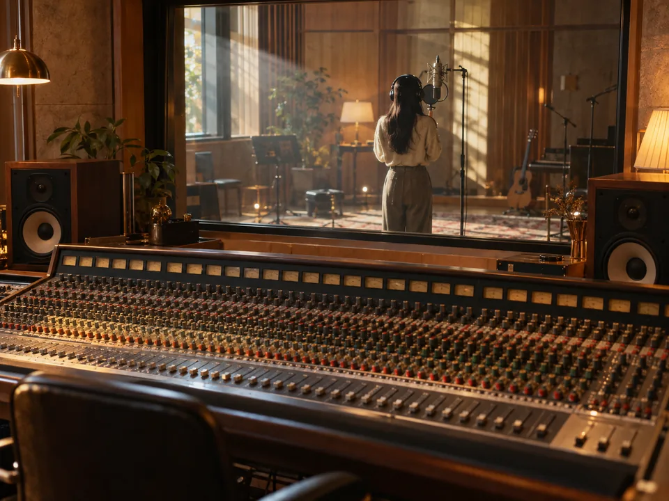 Estudio de grabación de Seúl con una mesa de mezclas y una música de espaldas con auriculares, regalías musicales fraccionadas con blockchain en Corea del Sur