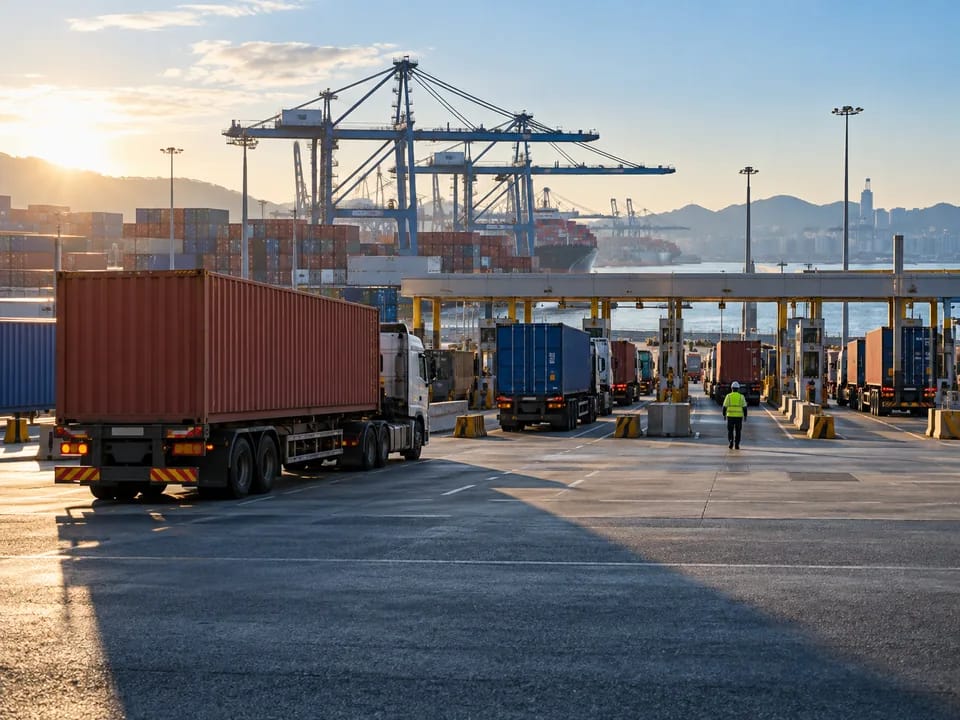 Camiones con contenedores esperando en la entrada de la terminal del puerto de Busan, logística con blockchain en Corea del Sur