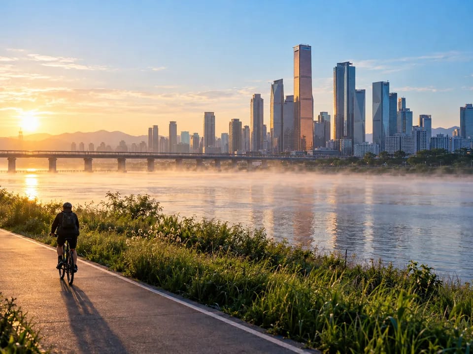 Torres de oficinas de Yeouido vistas desde la orilla del río Han al amanecer con un ciclista de espaldas, valores con registro distribuido con blockchain en Corea del Sur