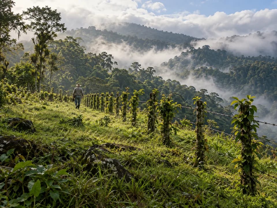 Propietario de espaldas caminando junto a la cerca de alambre de una finca con bosque nuboso en Costa Rica, pago por servicios ambientales con blockchain en Costa Rica