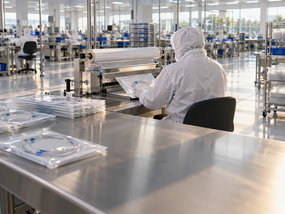 Worker in a cleanroom gown and cap seen from behind packing catheters into sterile pouches in a Costa Rican plant, medical devices with blockchain in Costa Rica