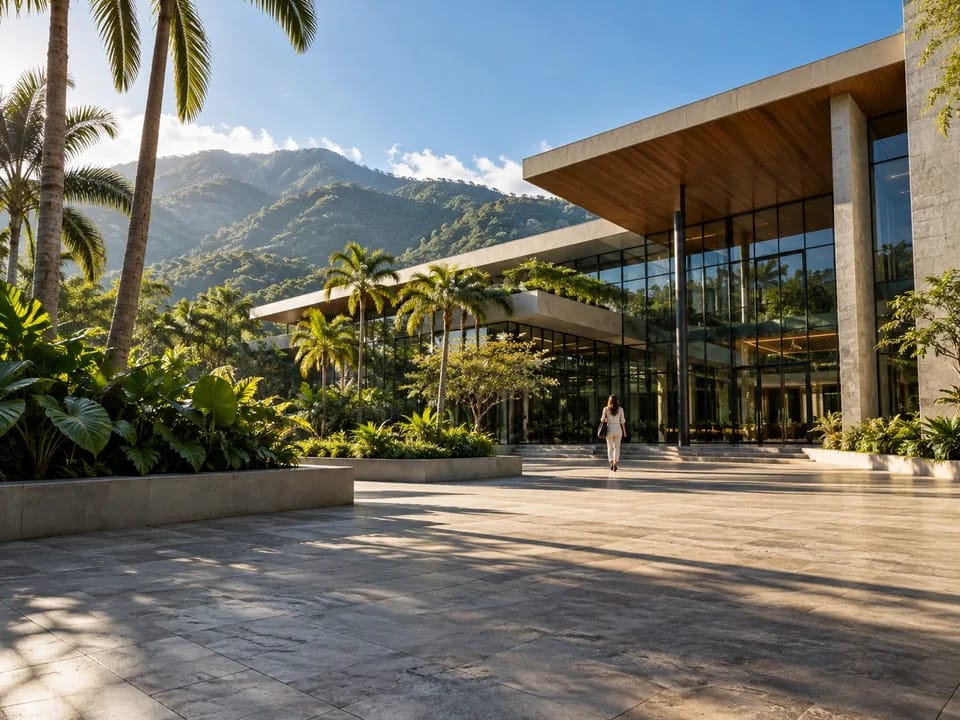 Glass office building surrounded by tropical vegetation in Escazú, tokenized securities with blockchain in Costa Rica