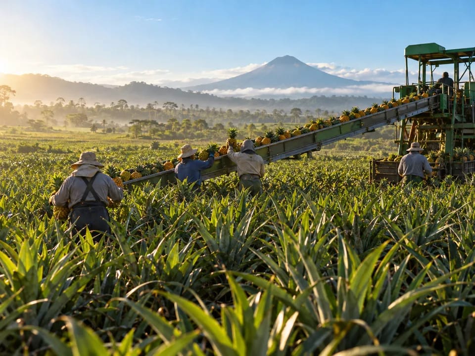 Harvesters seen from behind loading pineapples onto the boom of a harvester on a plantation in northern Costa Rica, export pineapple with blockchain in Costa Rica
