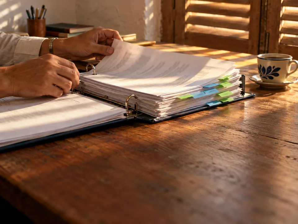 Two people seen from behind reviewing a bound report in a meeting room of a restored Old Havana building with an iron balcony, risk assessment for every product with blockchain in Cuba