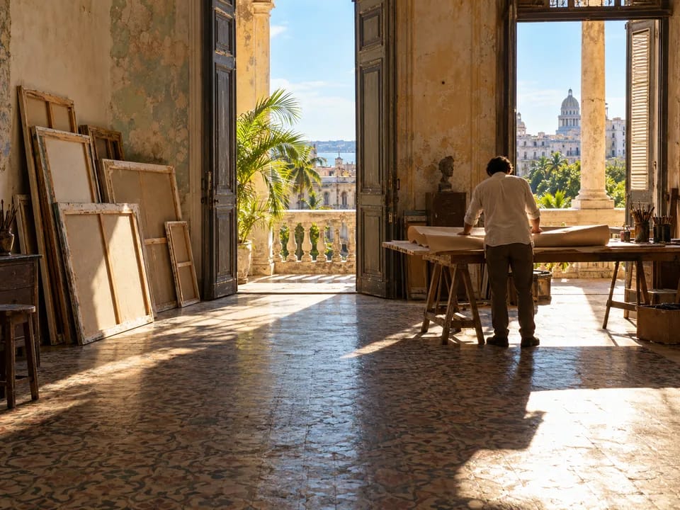 Canvases leaning against the wall of a painter's studio in a colonial house in Havana, with a person seen from behind wrapping a painting, artwork provenance with blockchain in Cuba