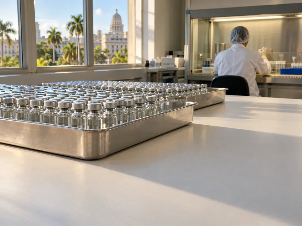 Trays of vaccine vials in a quality control laboratory in Havana, with a technician seen from behind, vaccines released batch by batch with blockchain in Cuba