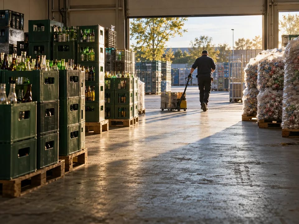 Crates of empty bottles and sacks of cans stacked in the back room of a Danish supermarket, deposit packaging with blockchain in Denmark