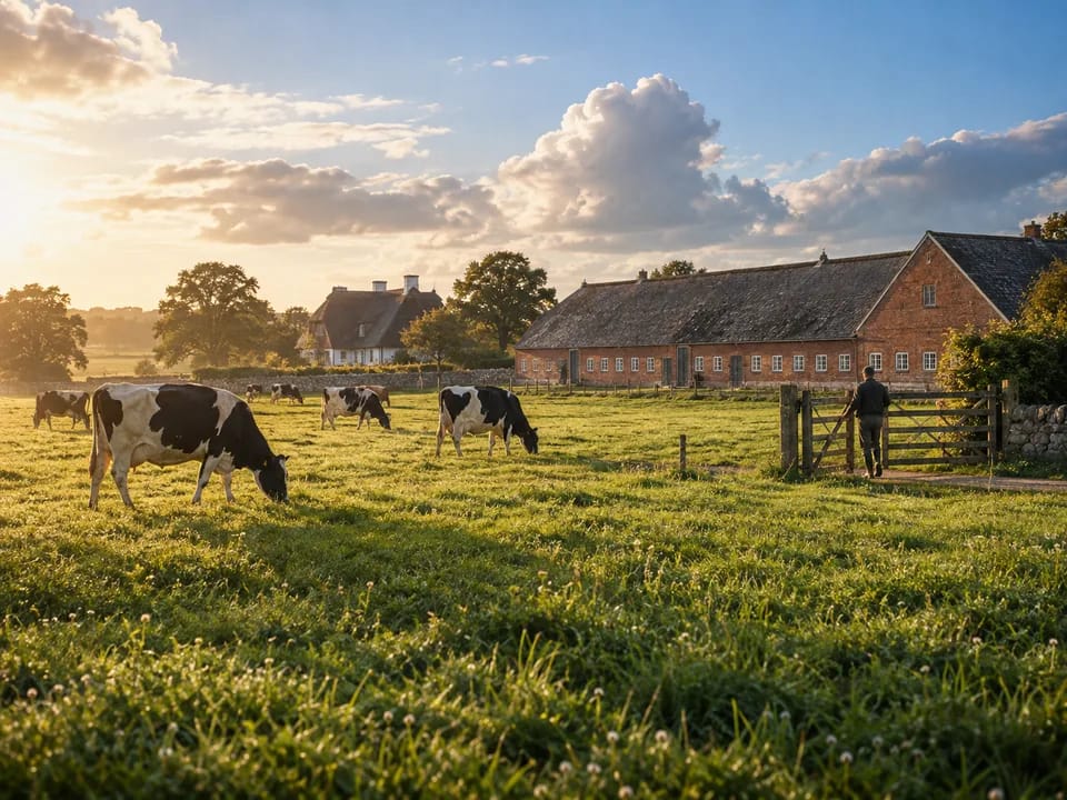 Dairy cows grazing in a meadow on a Danish organic farm with red brick barns, Ø organic label with blockchain in Denmark