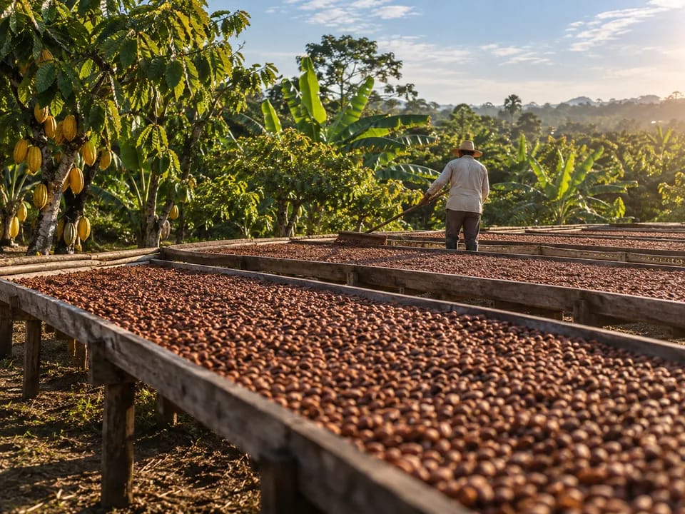 Fermented cocoa beans drying in the sun on wooden racks at a farm on Ecuador's coast, Cacao Arriba with blockchain in Ecuador