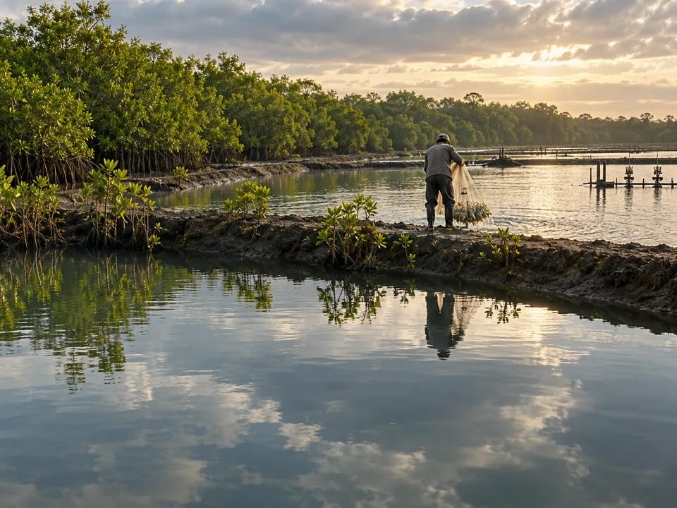 Shrimp ponds beside the mangroves of the Gulf of Guayaquil with a worker seen from behind hauling a net, shrimp by batch with blockchain in Ecuador