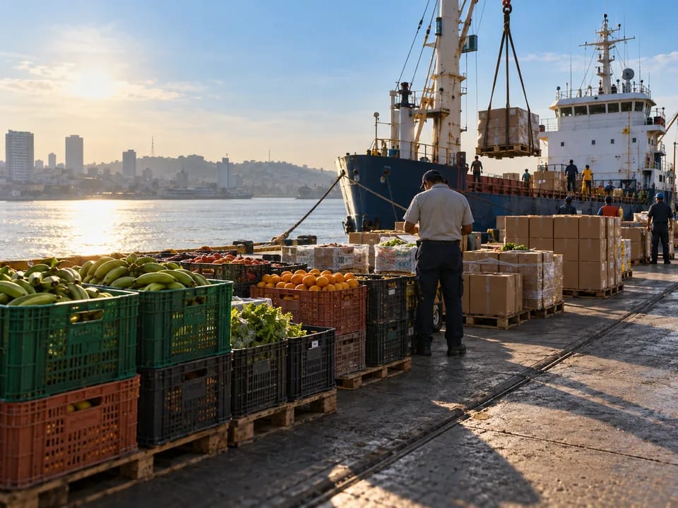 Cajas de fruta y verdura en el muelle de carga de Guayaquil junto a un barco que zarpa hacia Galápagos, carga a Galápagos con blockchain en Ecuador
