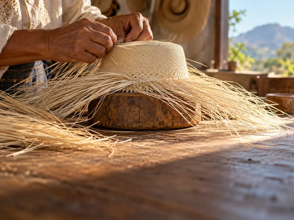 Hands weaving a fine toquilla straw hat over a wooden block in a Montecristi workshop, toquilla straw hats with blockchain in Ecuador