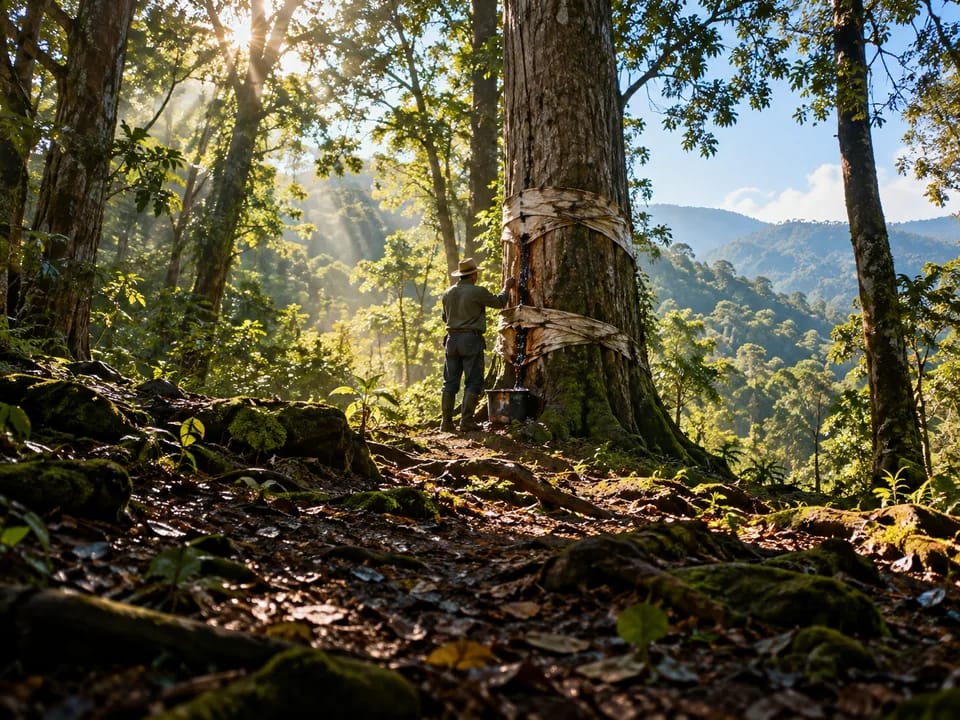 Trabajador de espaldas junto a un árbol de bálsamo con el tronco envuelto en trapos para recoger la resina, origen del bálsamo con blockchain en El Salvador
