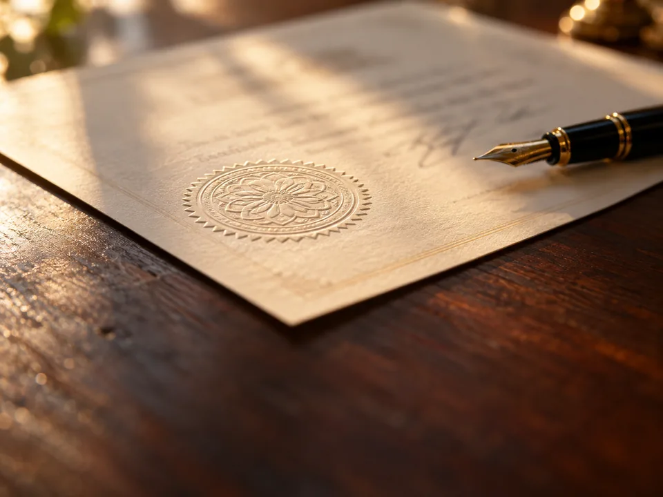 Printed certification with an embossed seal and a signature on a wooden desk, out of focus, enforceable certifications with blockchain in El Salvador