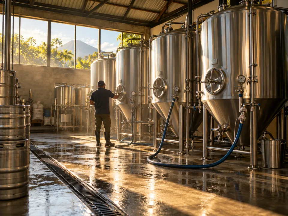 Brewer seen from behind among steel fermentation tanks in a Salvadoran brewery, a brewery's expansion with blockchain in El Salvador