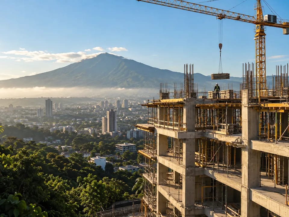 Edificio residencial en construcción con una grúa y el volcán de San Salvador al fondo, deuda para promociones inmobiliarias con blockchain en El Salvador